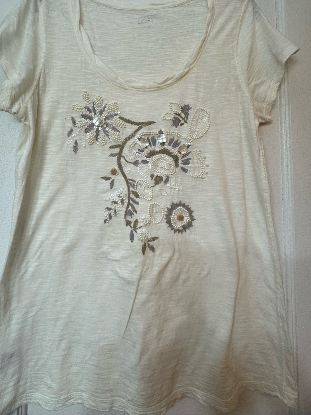 LOFT Cream Short Sleeve Tee with Floral Sequin Embroidery